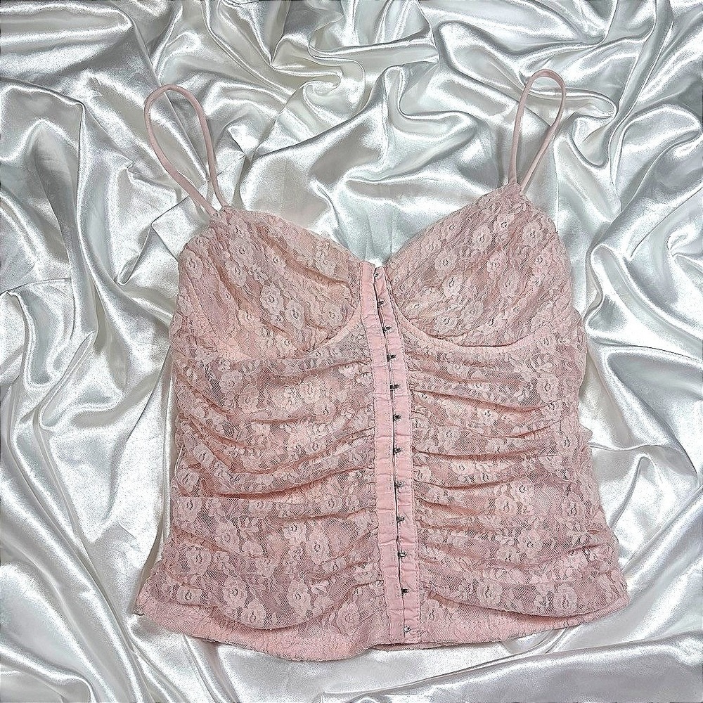 y2k Moa Moa Lace Corset Top Pink Ruched Hook Eye Cami - Picture 1 of 4